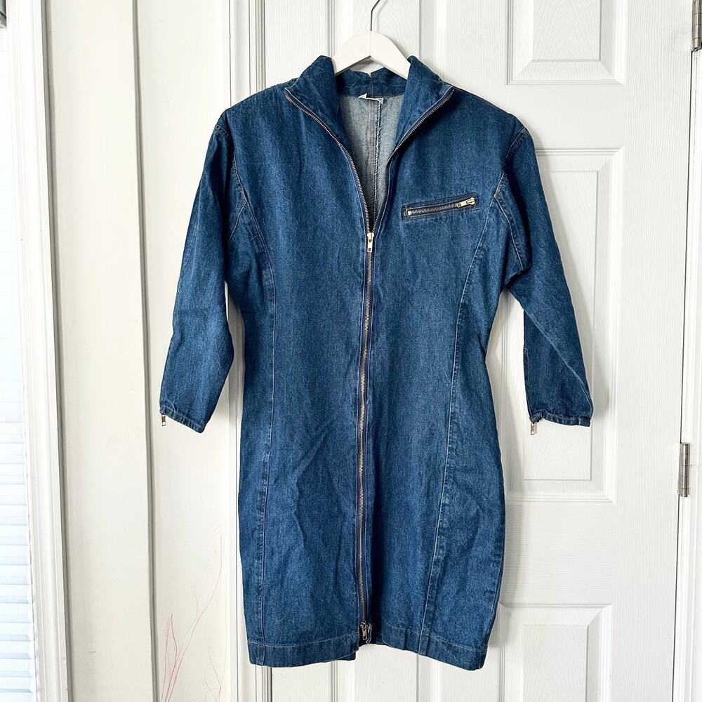 Joni Blair of California Vintage Denim Full Zip Mini High Neck Mini Dress 11 Mdm